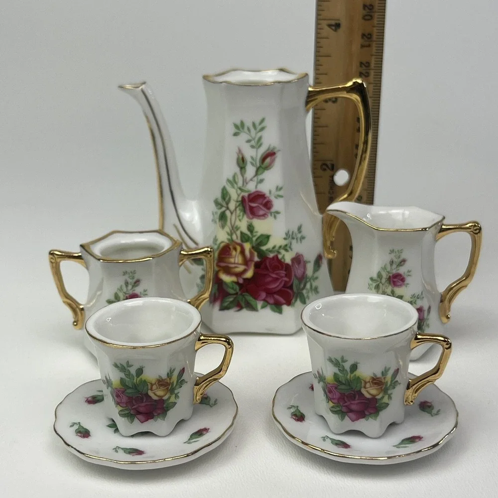 5‎ Piece Porcelain Miniature Tea Coffee Playset Floral Rose Gold Decorative Set